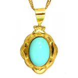 A GOLD PENDANT SET WITH A TURQUOISE EN CABOCHON, MARKED 750 AND A SILVER GILT NECKLET