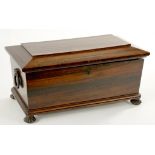 A VICTORIAN ROSEWOOD TEA CADDY OF SARCOPHAGUS SHAPE, WITH FITTED INTERIOR, 39.5CM W