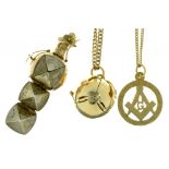 TWO SIMILAR GOLD OPENING BALL MASONIC PENDANTS, ONE 9CT, THE OTHER MARKED 9CT, EARLY - MID 20TH C, A
