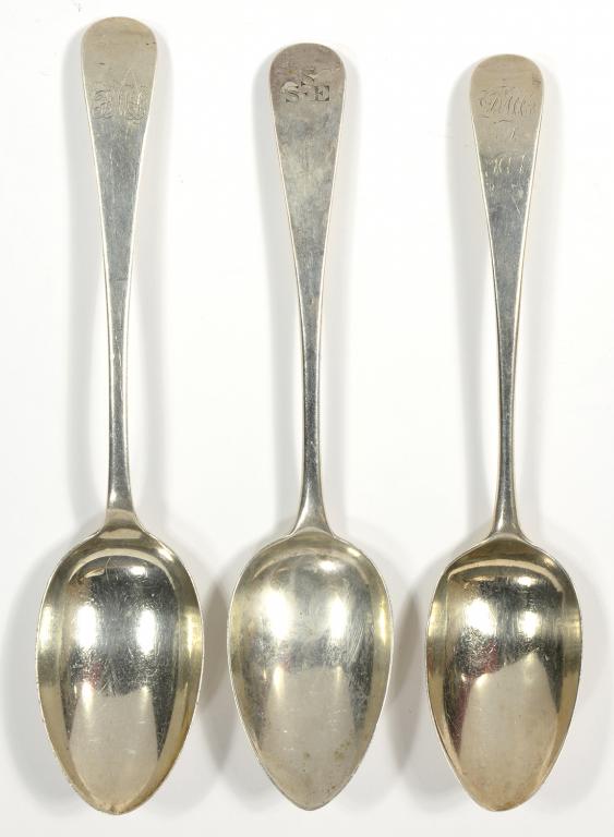 THREE SILVER TABLE SPOONS, OLD ENGLISH PATTERN, LONDON 1799 AND 1817 AND SHEFFIELD 1902, 6OZS 8DWTS