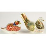 TWO ROYAL CROWN DERBY BIRD PAPERWEIGHTS, 6.5 AND 10CM H, PRINTED MARK, GILT BUTTON