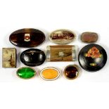 TEN VICTORIAN AND LATER TREEN, PAPIER MACHE, PLATED BRASS AND FAUX TORTOISESHELL SNUFF BOXES AND
