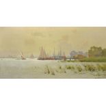 †JAN KNIKKER (1889-1957), AN ESTUARY WITH YACHTS AT DAWN, signed, oil on canvas, 38.5 x 79cm++Canvas