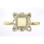 AN OPAL AND DIAMOND SQUARE CLUSTER RING IN GOLD, MARKED 18CT PLAT, 2.5G