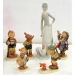 A LLADRO FIGURE OF A GOOSE GIRL, 27.5CM H, PRINTED MARK AND FIVE W. GOEBEL FIGURES OF CHILDREN,