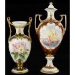 A SPODE CLARET GROUND TWO HANDLED VASE AND COVER, DECORATED TO BOTH SIDES WITH A SHIPPING SCENE,