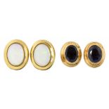 A PAIR OF OPAL EAR STUDS IN 9CT GOLD AND A PAIR OF TANZANITE EAR STUDS IN 9CT GOLD, 4.6G