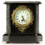 A BELGIAN SLATE AND GREY MARBLE MANTEL TIMEPIECE WITH ENAMEL DIAL AND BRASS BEZEL, 23CM H, LATE 19TH