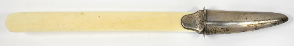 A GEORGE V SILVER IVORY HANDLED PAPER KNIFE WITH TUSK SHAPED HANDLE, 35CM L, BIRMINGHAM 1910