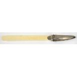 A GEORGE V SILVER IVORY HANDLED PAPER KNIFE WITH TUSK SHAPED HANDLE, 35CM L, BIRMINGHAM 1910