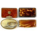 A VICTORIAN OVAL HORN SNUFF BOX AND COVER, PROBABLY SCOTTISH, THE LID SET WITH A CITRINE, 7CM W, TWO