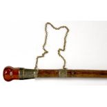 A SILVER MOUNTED BAMBOO WALKING CANE WITH BULBOUS AGATE POMMEL, STEEL TIP AND CHAIN HANDLE, 83CM