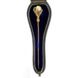 A VICTORIAN GOLD STICKPIN WITH EAGLE'S CLAW AND CULTURED PEARL TERMINAL, SHAPED MOROCCO CASE