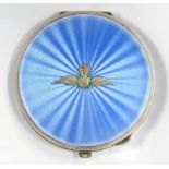 A GEORGE VI SILVER AND BLUE GUILLOCHE ENAMEL COMPACT, THE LID APPLIED WITH THE ENAMELLED SILVER