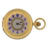AN 18CT GOLD HALF HUNTING CASED KEYLESS LADY'S WATCH WITH SILVERED DIAL AND PINK GUILLOCHE ENAMEL