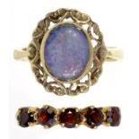 A GARNET RING IN GOLD AND A BLACK OPAL DOUBLET SET 9CT GOLD RING, 5.4G