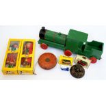 A PULL ALONG WOODEN TOY TRAIN, PAINTED RED, GREEN AND BLACK, TWO BOXED PELHAM PUPPETS, GYPSY AND
