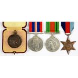 THREE WORLD WAR TWO MEDALS AND A BRONZE LIFE SAVING MEDAL, BOXED