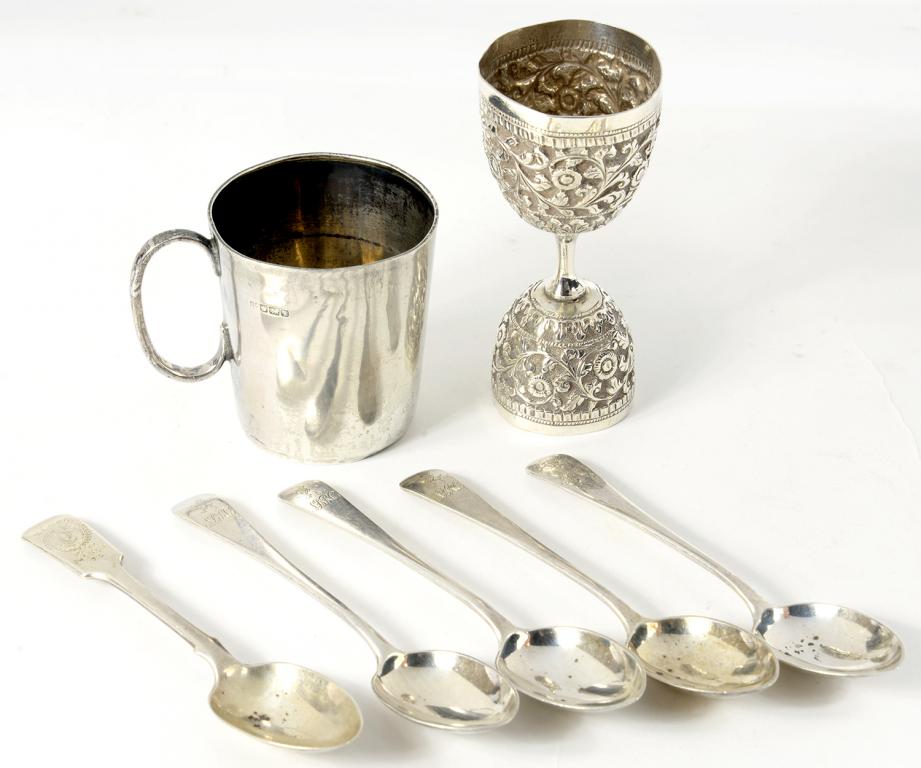 AN INDIAN SILVER REPOUSSÉ DOUBLE CUP, 11CM H, C1900, A SILVER CHRISTENING MUG, A SCOTTISH SILVER