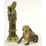 A CHINESE SOAPSTONE FIGURE OF GUANYIN, 23CM H AND A SOUTH EAST ASIAN BRASS MODEL OF A TOAD WITH