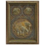 A DECORATIVE INDIAN METAL THREAD AND RAISED WORK PICTURE OF THREE ELEPHANTS, 76 X 53CM, FRAMED