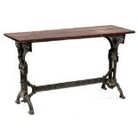 A VICTORIAN CAST IRON TABLE BASE WITH LATER TOP, 73CM H