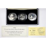 SILVER COINS. PROOF FINE SILVER COMMEMORATIVE THREE 'CROWN' COLLECTION, BOXED