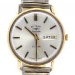 A ROTARY 9CT GOLD SELF WINDING GENTLEMAN'S WRISTWATCH WITH DAY AND DATE, PLATED EXPANDING