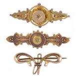 A LATE VICTORIAN GOLD BAR BROOCH, SET WITH A DIAMOND, ANOTHER, SIMILAR, BIRMINGHAM 1900 AND A GOLD