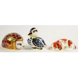 THREE ROYAL CROWN DERBY PAPERWEIGHTS, COMPRISING ORCHARD HEDGEHOG, PUPPY AND A DUCK, HEDGEHOG 4.