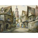 †CYRIL HARDY (FL C1900-1940) NORTHERN EUROPEAN STREET SCENE signed, watercolour, 27 x 36.5cm AND