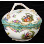 A GERMAN PORCELAIN PEACH SHAPED SUGAR BOX AND COVER, PAINTED WITH 18TH C LOVERS AND FLOWERS IN