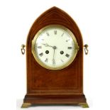 A MAHOGANY AND LINE INLAID MANTEL CLOCK IN LANCET ARCHED CASE, THE FRENCH GONG STRIKING MOVEMENT