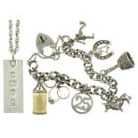 A SILVER CHARM BRACELET, A SILVER INGOT PENDANT AND A SILVER ROPE NECKLACE, 89G