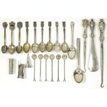MISCELLANEOUS SILVER SOUVENIR AND OTHER SPOONS, SILVER HANDLED SHOE HORN AND BUTTON HOOK AND OTHER