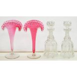 A PAIR OF CRANBERRY GLASS VASES OF TRUMPET SHAPE WITH FRILLED RIM, 25.5CM H AND A PAIR OF