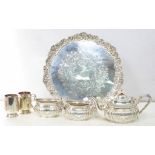 AN EPNS SALVER, TEA SERVICE AND TWO MUGS, SALVER 40CM D