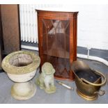 MISCELLANEOUS ITEMS, INCLUDING A MAHOGANY CORNER CUPBOARD, BRASS COAL SCUTTLE AND GARDEN ORNAMENTS