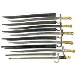 A FRENCH EPEE BAYONET AND SCABBARD AND FIVE FRENCH SABRE BAYONETS AND SCABBARDS, VARIOUS 19TH C