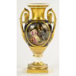 A FRENCH PORCELAIN GILT GROUND VASE, WITH UPSCROLLED PALMETTE HANDLES, PAINTED WITH A 16TH C