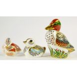THREE ROYAL CROWN DERBY PAPERWEIGHTS, COMPRISING GREEN WINGED TEAL, TEAL DUCKLING AND ANOTHER,