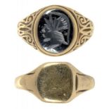 A 9CT GOLD SIGNET RING AND A 9CT GOLD AND HEMATITE SET SIGNET RING, 7.3G