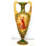 A BOHEMIAN OR FRENCH OVERLAY GLASS VASE, OF EMERALD GREEN GLASS OVERLAID IN WHITE AND PAINTED WITH A