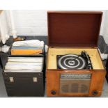 A FERGUSON WALNUT GRAMOPHONE, 50CM W, LATER RECORD DECK AND A QUANTITY OF VINYL L.P RECORDS, ETC