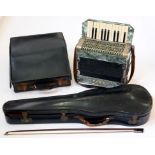 A VIOLIN BOW, A VIOLIN CASE AND A PIANO ACCORDION, CASED