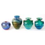 TWO MDINA GLASS VASES, 13CM H AND CIRCA, ENGRAVED MARK AND TWO OTHER DECORATIVE GLASS VASES, ONE