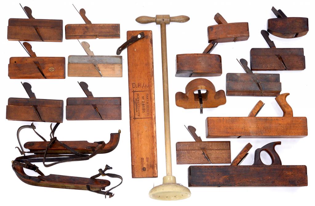 MISCELLANEOUS VINTAGE TOOLS, A PAIR OF WOODEN ICE SKATES, PONCH, ETC