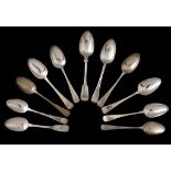 ELEVEN GEORGE III-VICTORIAN SILVER DESSERT SPOONS, VARIOUS PATTERNS, MAKERS AND DATES, ALL LONDON,