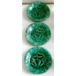 A SET OF SIX COPELAND GREEN GLAZED AND LEAF MOULDED EARTHENWARE PLATES, 22CM D, IMPRESSED MARK, LATE