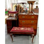 A MILITARY STYLE STAINED WOOD CHEST OF DRAWERS, 86CM W AND MISCELLANEOUS FURNITURE